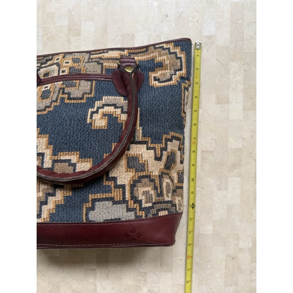Patricia Nash Peruvian Tapestry Sungaro Tote Blue Tan Leather Brass Boho Tribal - Picture 4 of 16
